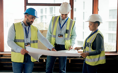 Image showing Blueprint, planning and construction worker, architect and engineer with paper, strategy and teamwork for building design. Architecture team talking, maintenance and strategy for development project