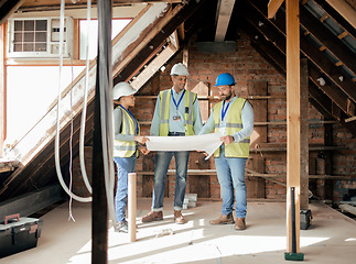 Image showing Blueprint, planning and architect team meeting for construction, building and industrial house project. Teamwork, collaboration and employees talking about architecture on paper at a site location