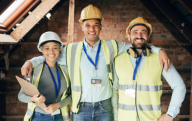 Image showing Architect, engineer and team happy with construction, teamwork and support in home development. Engineering, construction worker and collaboration with smile, vision and teamwork in building project