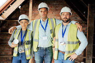 Image showing Construction workers, men and woman in teamwork collaboration with property vision, real estate ideas or house innovation. Portrait, building engineering or architecture workers with blueprint paper