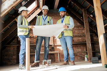 Image showing Construction workers, teamwork diversity or collaboration in blueprint planning, real estate innovation or property innovation. Men, woman or construction site design paper for house or home building