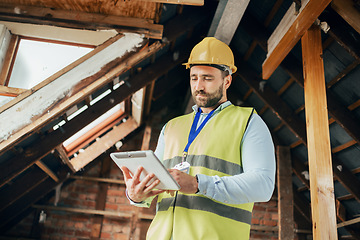 Image showing Tablet, construction and building with a man engineer working online on a building site from below. Construction worker, architect and industry with a male technician planning design while at work