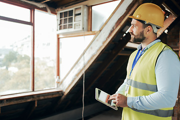 Image showing Thinking construction worker, man and tablet for real estate ideas, property innovation or architecture vision. Building engineering, worker or contractor on technology for house project management