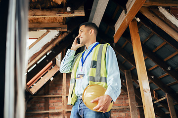 Image showing Architect, phone call and man talking on smartphone at construction site for building project. Engineer, contact and happy male on 5g mobile discussing, chatting or speaking about engineering plans.