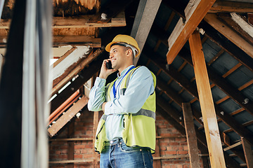 Image showing Architecture, construction and phone call with male architect planning a building project with communication. Engineer, man and cellphone conversation for construction worker home renovation project