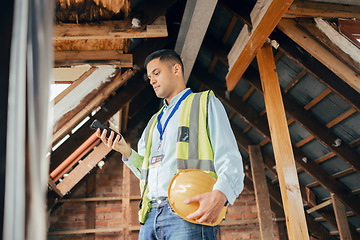 Image showing Building, engineering and construction worker with phone in hand texting, typing and online. Technology, construction and architect, engineer or contractor in building site on internet on smartphone