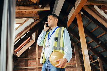 Image showing Engineering, phone call and man at a construction site working on an architectural project. Smartphone, architecture and industry worker on a mobile conversation while doing maintenance on a building