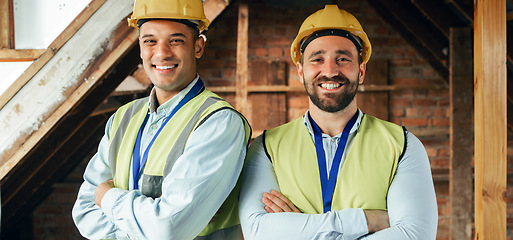 Image showing Building, collaboration and portrait of construction workers with success, happiness and teamwork. Engineering, leadership and businessmen in architect industry working together on construction site