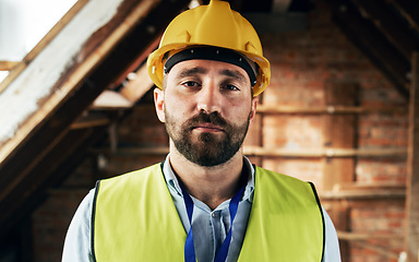 Image showing Man face, architect or construction worker, engineer at work site and business, building trade industry portrait. Mature person, safety helmet and professional, engineering and construction job