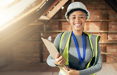 Image showing Engineering, checklist and electrician in house basement for inspection, maintenance or electrical services. Technician, smile and happy woman checking pipes for safety or security in home renovation