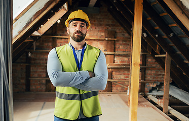 Image showing Construction worker, man or arms crossed in house or home and real estate vision, property innovation or architecture ideas. Portrait, building engineering contractor or employee on construction site