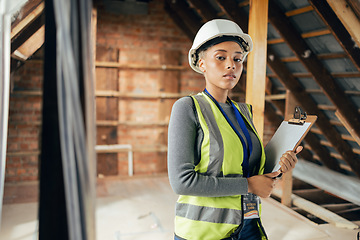 Image showing Construction, inspection and construction worker working on the maintenance, renovation and planning of a house. Building, engineering and portrait of an architecture engineer in safety at a site
