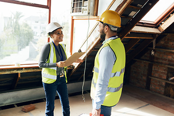 Image showing Engineering team, talking and planning together for a building construction or renovation project with teamwork, collaboration and communication. Man and woman engineer or technician talk development