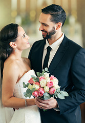 Image showing Man, woman and love at wedding for affection, romance and commitment ceremony in a church. Marriage, married and husband and wife celebrating after loving, caring and romantic people event