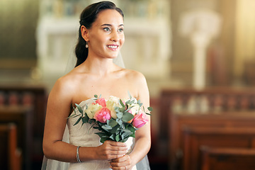 Image showing Happy bride, wedding flower bouqet and woman in marriage dress to marry for commitment, love and happiness. Bridal beauty, modern fashion and woman in a catholic church for celebration event ceremony