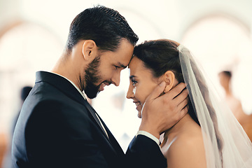 Image showing Couple love, wedding and face together for support, care and trust. Happy bride, groom smile and forehead eye contact for marriage, happiness and romantic partnership on special day celebration