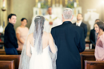 Image showing Wedding, event and father with bride at chapel for celebration, faith and marriage ceremony. Happy, family and church with dad and daughter walking in aisle for love, pride and Christian belief