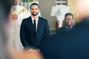 Image showing Wedding, marriage and groom waiting at the altar for bride walking down aisle in church. Getting married, romance and man standing at wedding ceremony looking at partner with affection, care and love