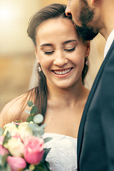 Image showing Love, marriage wedding and couple kiss from groom happy after partnership commitment, trust ceremony or union event. Bride with flowers bouquet, romantic eternal bond and newlywed man and woman smile