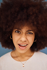 Image showing Black woman, afro or confused face on studio background with question, crazy gossip or fake news. Zoom, portrait or thinking model and doubt expression, huh or what facial expression at scam or fraud