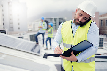 Image showing Solar energy, engineer phone call and man writing on solar roof working on inspection of electric solar panels. Renewable energy, checklist and male contractor on 5g mobile discussing project details