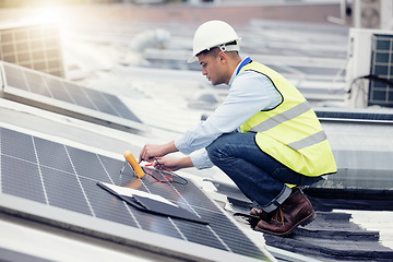 Image showing Solar panel, engineer and electrician working, upgrade and maintenance construction on building roof outdoor. Solar energy, renewable energy and engineering worker or technician fix solar panels