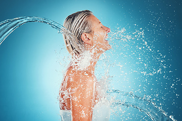 Image showing Water splash, laughing and model woman happy about wellness, water and skin beauty. Happiness of a person with happiness, healthy skincare routine and shower ready for the morning with a smile