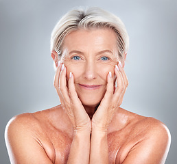 Image showing Skincare, beauty and face of a senior woman with wellness, health and smile against a grey studio background. Relax, dermatology and happy elderly person in retirement with cosmetology to relax