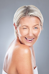 Image showing Wink, funny and senior beauty woman face happy about skincare and wellness. Portrait of an elderly model from Scandinavia with happiness of dermatology, skin health and anti aging treatment