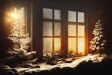 Image showing Rustic window covered with snow at christmas night. Idyllic xmas