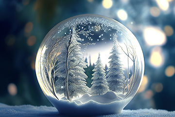 Image showing Snowy glass ball with winter forest covered with snow. Holiday s
