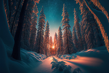 Image showing Winter landscape wallpaper with pine forest covered with snow an