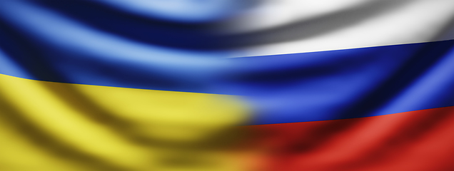 Image showing Ukraine and Russia conflict. Ukrainian and Russian flag depict t