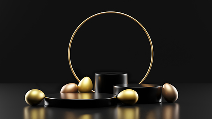 Image showing Golden Easter eggs and tree product podium stage with spotlight 