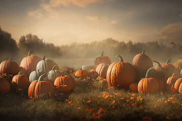 Image showing Idyllic autumn scene with field of pumpkins in grass on sunny sk