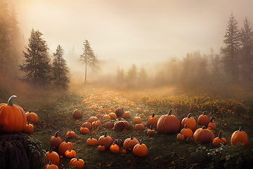 Image showing Thanksgiving and halloween pumpkins in autumn forest. Fall seaso