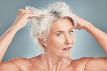 Image showing Messy hair, woman and senior model looking for hair care, wellness and salon hairstyle cut. Portrait of an elderly person from Amsterdam with bed head look ready for skin wellness and dye treatment