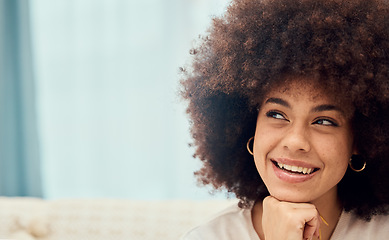 Image showing Happy black woman, daydream thinking and closeup with vision, future and idea for life, dream or career in mockup. African woman, imagine and afro in living room with happiness, inspiration and goal