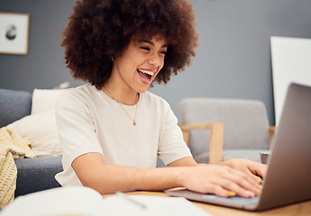 Image showing Happy black woman afro, laptop and smile in excitement for learning, education or good news at home. African American female student enjoying study time while working or reading email on computer