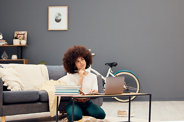 Image showing Student, study and black woman in home thinking of essay writing ideas for college art assignment. Creative, focus and opinion of young afro girl working on university project idea in house.