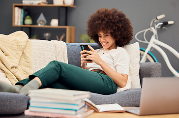 Image showing Social media, smile and student with phone on sofa after studying for university exam in a house. Communication, relax and girl with a smile and mobile on the couch while doing education for college
