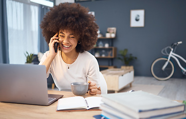 Image showing Computer, working black woman and happy phone call or a remote employee with morning coffee. Smile, happiness and mobile conversation of a digital email laughing using technology at home desk
