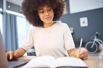 Image showing Student research, writing notes and black woman remote eduction on a home computer. Working, planning and reading digital learning busy with tech data test elearning and web university information