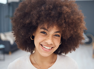 Image showing Happy black woman afro and portrait smile with teeth in satisfaction for great hair day at the salon. African American female smiling in happiness for hairstyle, beauty and cosmetic treatment indoors