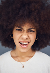 Image showing Confused, afro and face of a woman thinking of a decision against a grey studio background. Doubt, uncertain and portrait head of a young girl looking puzzled, doubtful and with a facial reaction