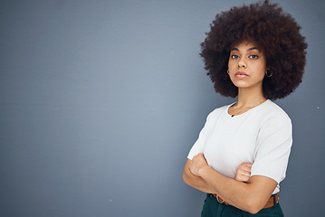 Image showing black woman, mockup and business for advertising, marketing and creative design space. African american girl, corporate worker and small business ceo or startup entrepreneur in grey backgriund studio
