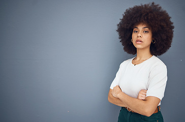 Image showing Black woman, business leader and arms crossed by advertising, marketing and mockup space for power and leadership. Portrait of African, model with natural afro, hair for product placement mock up