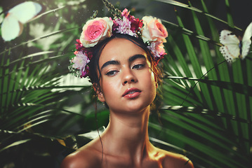 Image showing Beauty, nature and crown flower on woman in nature jungle for skincare, health and wellness with tropical dermatology product, cosmetics or makeup. Aesthetic spring model with natural floral mockup