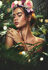 Image showing Nature, beauty and woman with skincare for wellness, cosmetic health or body healthcare grooming. Flower, plant and face of dermatology model relax with advertising for natural facial or skin product