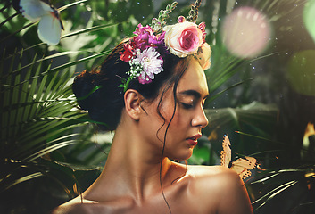 Image showing Beauty, butterfly and woman with flowers crown for sensitive glowing skin, natural cosmetics or luxury face makeup. Dust particles, peace and calm aesthetic model with nature leaf, plant and skincare